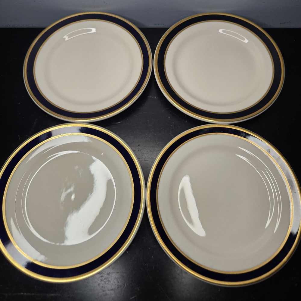 RARE Vintage Set of 4 SYRACUSE CHINA 6.25" Plates Navy/White w Gold Accent